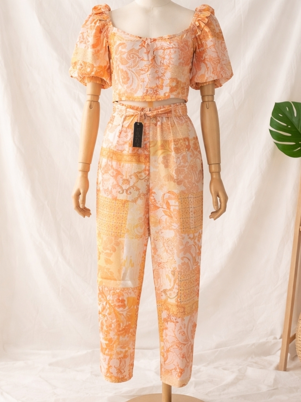 Peach Floral Patchwork High-Waist Outfit